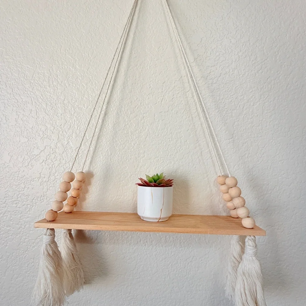 Black Natural Wood Hanging Wall Shelves with Tassels set (2)